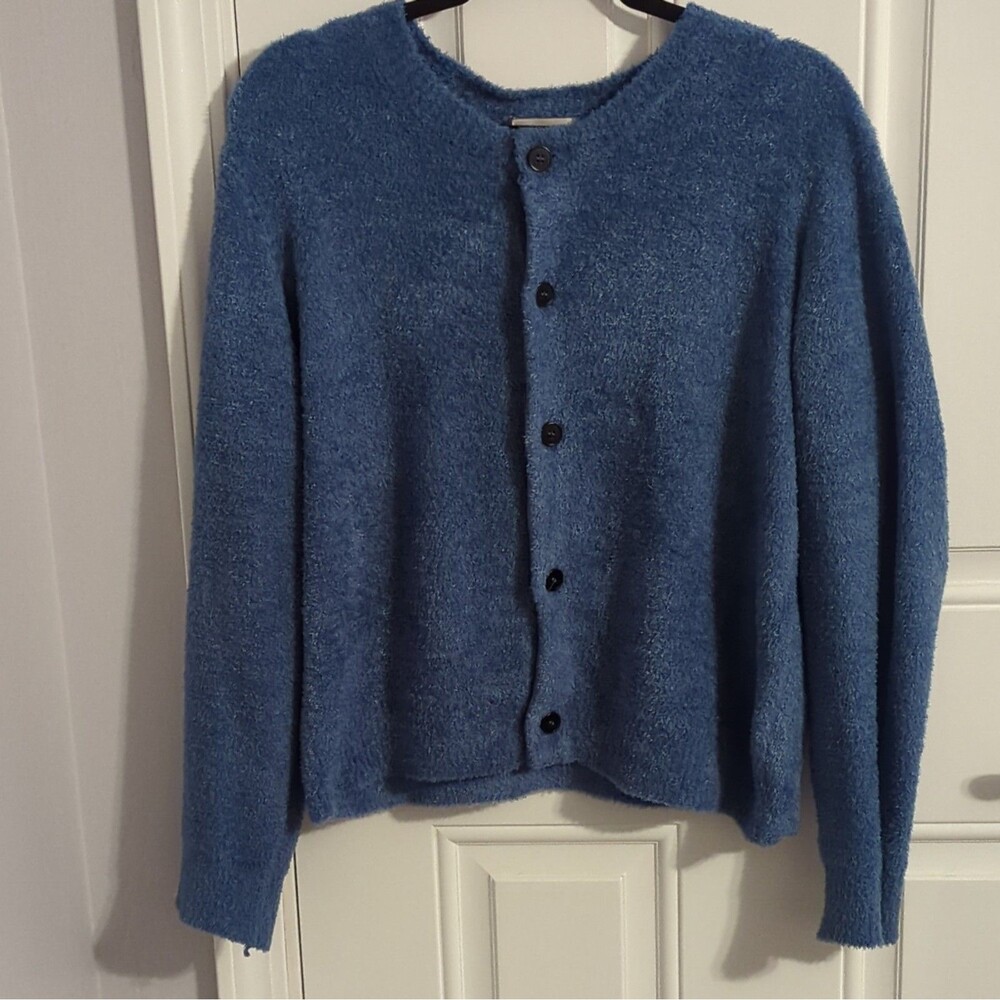 ZENANA Blue Button-Front Knit Cardigan Sweater Crew Neck  L